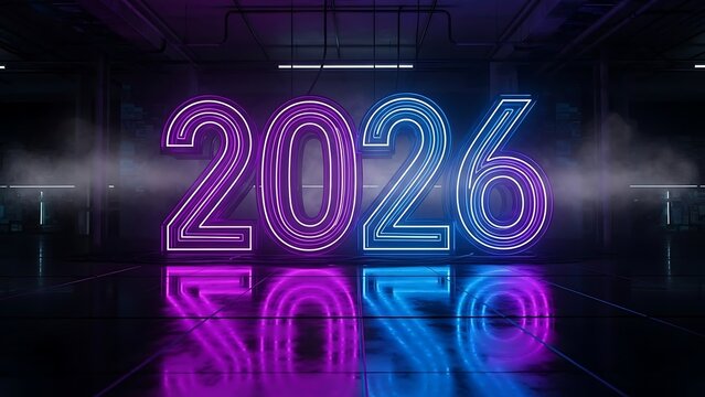 Bright neon 2026 sign, futuristic year concept, vibrant colors
