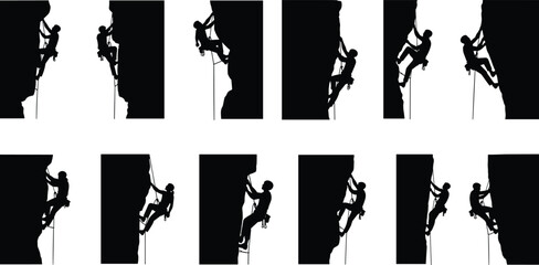 Multiple black silhouette rock climbers ascending steep cliffs with ropes and gear