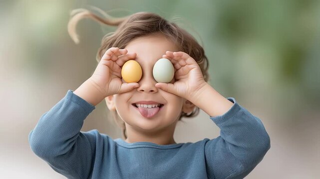 Happy child holding colorful easter eggs over his eyes. Kid having fun, smiling, sticking out his tongue, and making silly faces