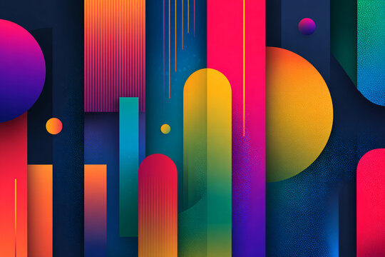 vibrant abstract geometric background with circles and rectangles in rainbow colors