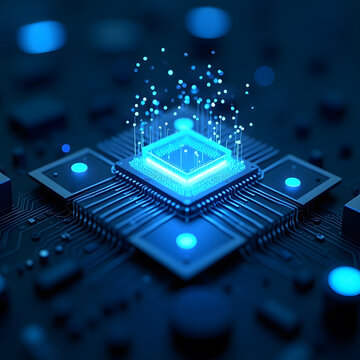 A macro closeup of a blue integrated electronic circuit board reveals the complex semiconductor hardware and processor components of computer technology