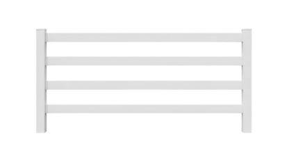 White Vinyl Ranch Fence PNG. Four-rail PVC paddock fencing section isolated on white. Agricultural barrier design element for farm, garden, and equestrian architecture isolated