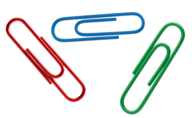 Colorful Paperclip Set PNG. Red, blue, and green office stationery supplies. Glossy plastic clips collection for school, business, and document organization design isolated