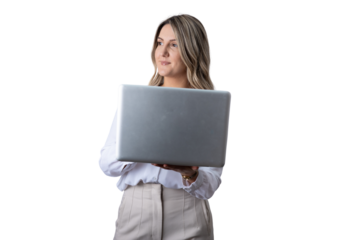 Businesswoman holding laptop looking away transparent background
