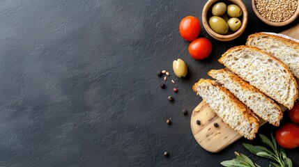 Overhead shot of sliced bread, tomatoes, olives, and spices arranged on a dark textured surface. The image evokes a rustic, culinary theme.