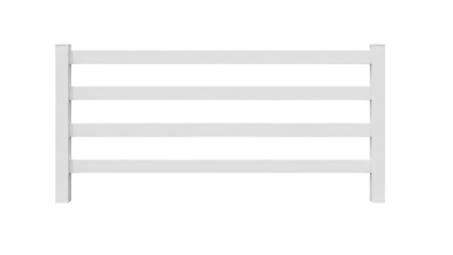 White Vinyl Ranch Fence PNG. Four-rail PVC paddock fencing section isolated on white. Agricultural barrier design element for farm, garden, and equestrian architecture isolated