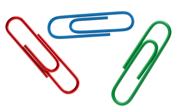 Colorful Paperclip Set PNG. Red, blue, and green office stationery supplies. Glossy plastic clips collection for school, business, and document organization design isolated
