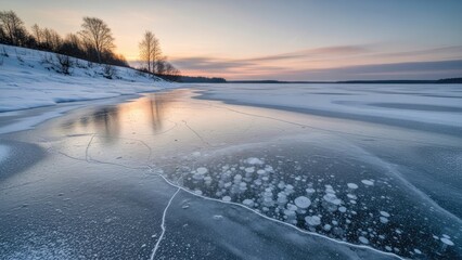 Beautiful Frozen Lake Landscape, Winter Ice Texture, Trees on Shore, Serene Sunset Sky, Cold Nature Scene