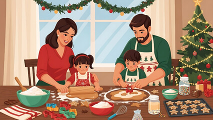 Family Baking Christmas Cookies Together Festive Holiday Scene