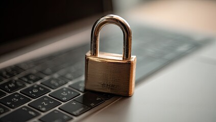 Fototapeta premium A close-up shot of a closed lock resting on the keyboard of a laptop, implying security