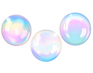 Three shiny iridescent bubbles on black with colorful reflections