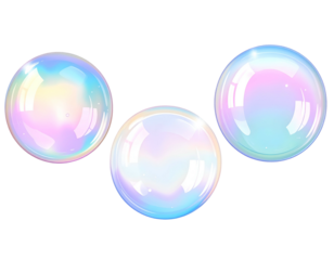 Three shiny iridescent bubbles on black with colorful reflections