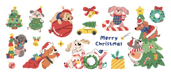 Fototapeta premium Cute Christmas and Happy New Year dog element vector illustration with festive characters, winter accessories, Christmas trees, gifts, wreaths, ornaments, bells and playful holiday decorations. Suitab