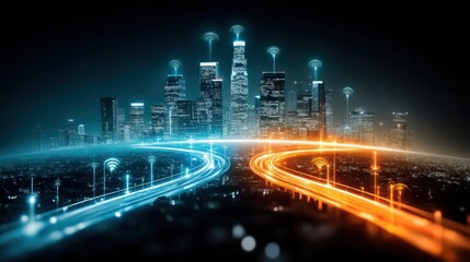 Futuristic urban connectivity city skyline digital art nighttime aerial view technology revolution