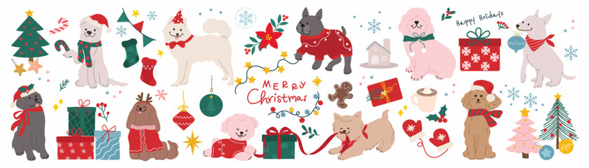 Fototapeta premium Cute Christmas and Happy New Year dog element vector illustration with winter outfits, holiday ornaments, gifts, poinsettia flowers, snowflakes, Christmas trees and playful festive decorations. Suitab