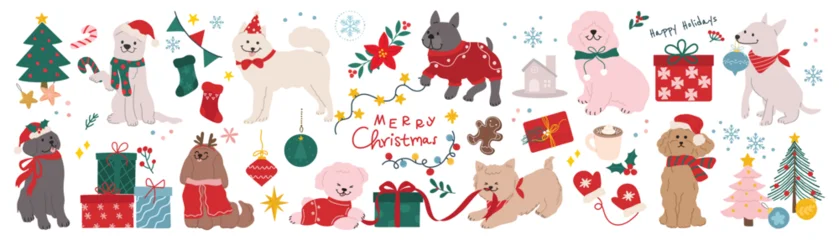 Selbstklebende Fototapeten Sportgeschäft Cute Christmas and Happy New Year dog element vector illustration with winter outfits, holiday ornaments, gifts, poinsettia flowers, snowflakes, Christmas trees and playful festive decorations. Suitab  © TWINS DESIGN STUDIO
