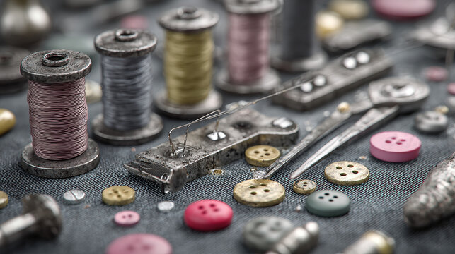 A close-up shot of sewing tools and colorful spools of thread laid out on a table. The scene is filled with detail, showcasing the craft of sewing