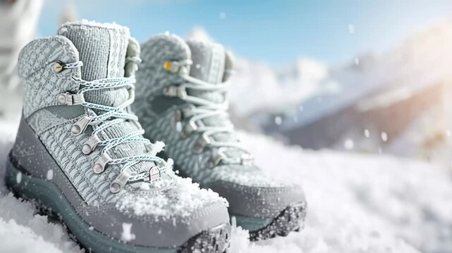 Detailed shot of cozy, water resistant hiking boots nestled in the pristine snow. Snowflakes gently landing on sturdy footwear in a snowy mountain setting
