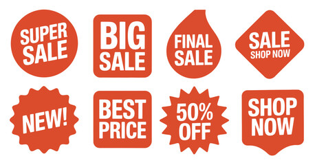 Red sale icons with bold promotional messages, featuring super sale labels, final offer tags, new price badges, best price highlights, and versatile discount graphics for marketing and advertising 