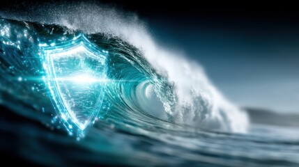 Surging ocean wave with digital shield symbolizing cybersecurity protection coastal waters digital art high-contrast environment dramatic perspective