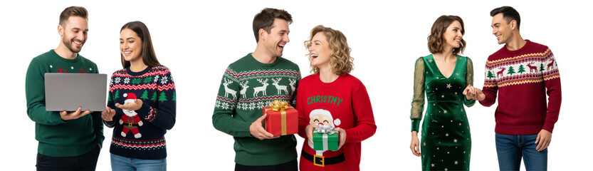 Diverse of happy couples wearing Christmas outfits isolated on white