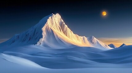 A majestic mountain range covered in snow is bathed in the golden light of the setting sun or moon, creating a serene and dramatic landscape.