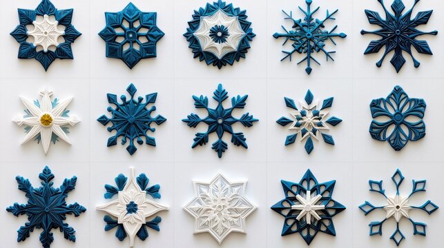 A collection of snowflake decorations in blue and white, arranged on a white background, evoking a winter theme.