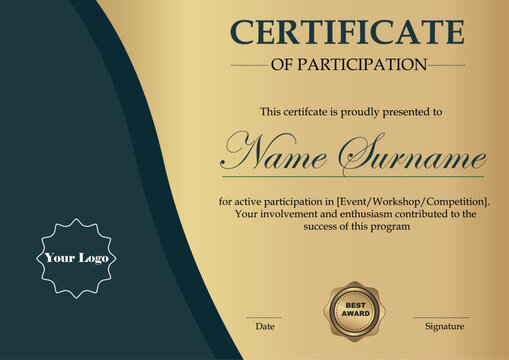 Elegant participation certificate with a gold-green palette for formal recognition