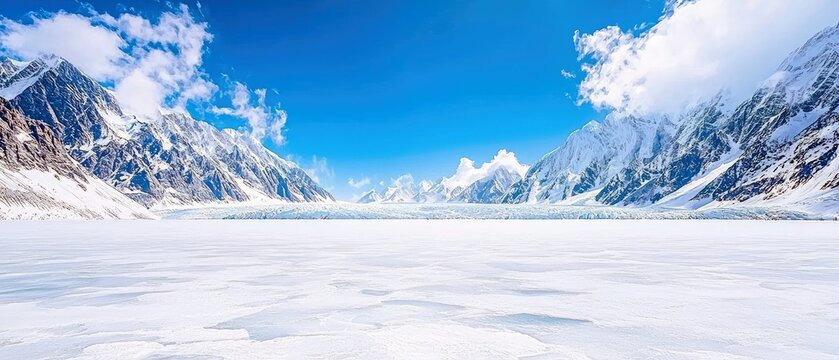 A scenic landscape featuring snow-covered mountains, a frozen lake, and a bright blue sky with clouds.