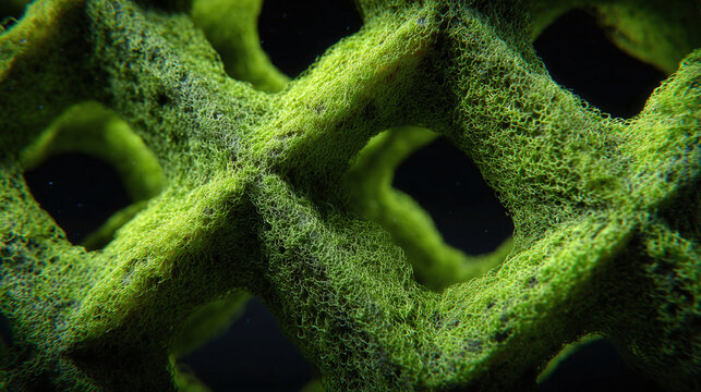 Close-up shot of a textured green object with a grid-like pattern. The object has a porous appearance, with rough, uneven surfaces