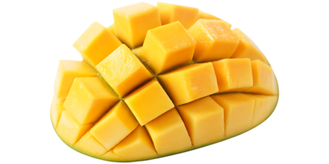 Freshly cut mango fruit diced and prepared isolated on white background