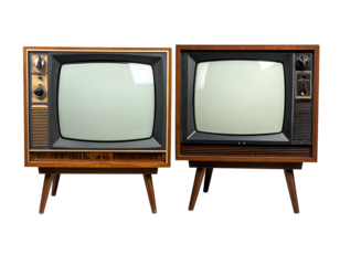 Two retro brown TVs with blank screens on wooden legs