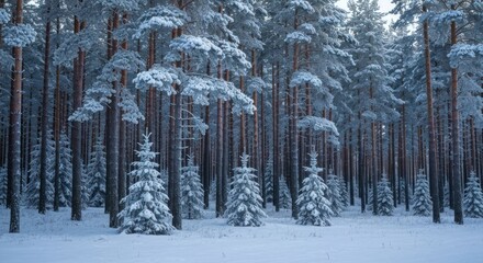 Naklejka premium Snowy pine forest. Dense trees, frosted in white