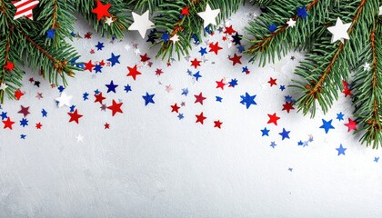 Patriotic Star Confetti Scattered on Evergreen Branches Festive Background.