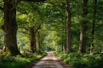 Fototapeta premium A winding dirt path through a verdant forest, sunlit foliage forming a natural arch