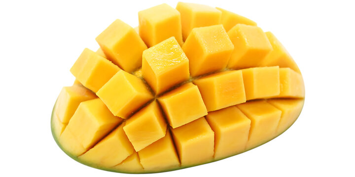 Freshly cut ripe mango fruit diced and prepared isolated on white background
