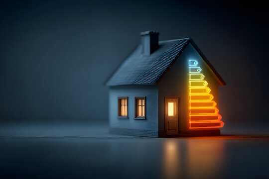 Isolated house with energy certification color scale illuminated with neon light. Energy efficiency, ecology, sustainability, saving and resources conservation concepts. Generative AI.