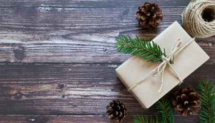 Natural eco-style Christmas gift wrapped in kraft paper with pine branches and rustic twine on a wooden table, ideal for cozy holiday themes.