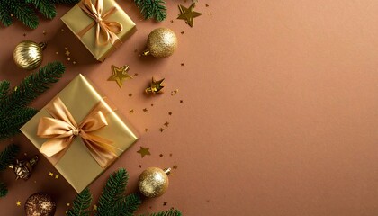 Elegant golden Christmas gifts and festive decorations arranged on a warm brown background.