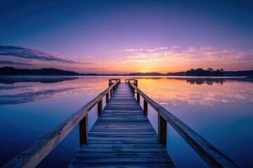 Obraz premium Wooden dock leads into still water, reflecting vibrant sunrise colors. Hues of purple and orange dominate