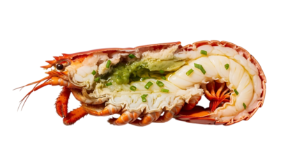 Deliciouslooking half lobster filled with green sauce and chopped chives isolated on transparent background