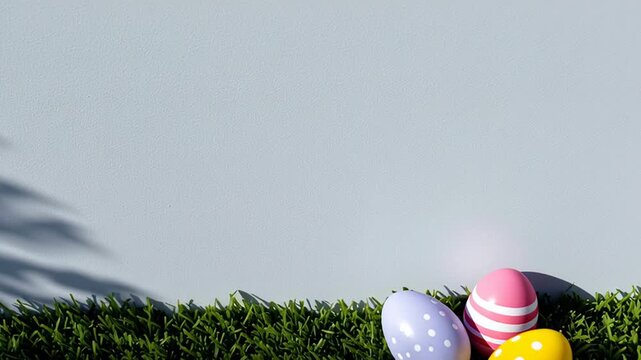 Colorful Easter eggs arranged on lush green grass, with dappled sunlight casting moving shadows around them, leaving plenty of room for text or graphics above