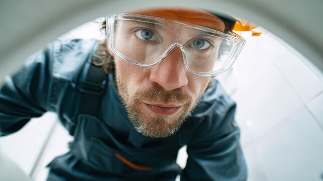A technician closely examines plumbing fixtures in a sunny bathroom. He wears safety glasses and a work suit, focused on ensuring everything runs smoothly
