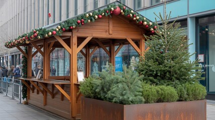 Festive Christmas market stall decorated with garlands and lights ready for holiday shoppers in a European city