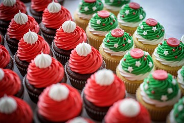 Rows of festive Christmas cupcakes decorated with red and green frosting perfect for holiday celebrations and dessert table