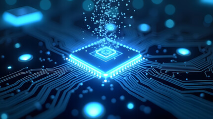 The blue circuit board represents the digital heart of computer technology, featuring essential electronic chips and a complex network of hardware for high-speed data communication