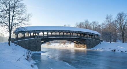 Snowy winter bridge over frozen river