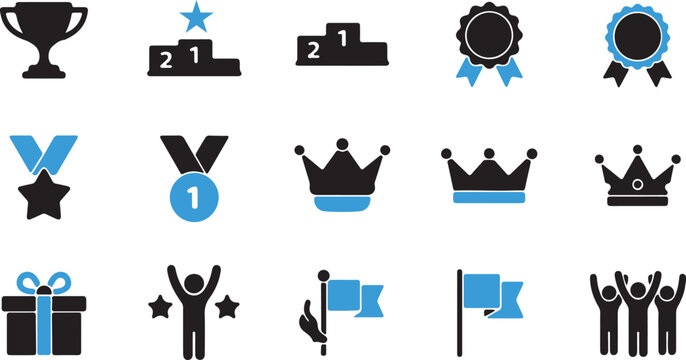 Collection of black and blue award and success icons