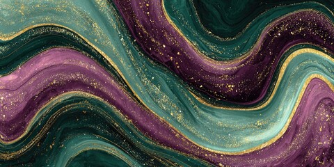 A flowing abstract design of swirling teal, purple, and gold textures, resembling natural stone
