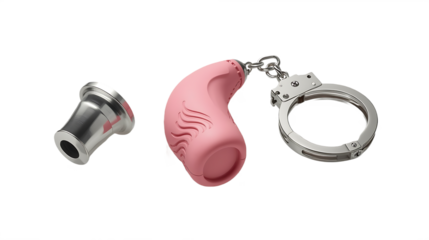 Pink chastity device with metal ring and insert isolated on transparent background